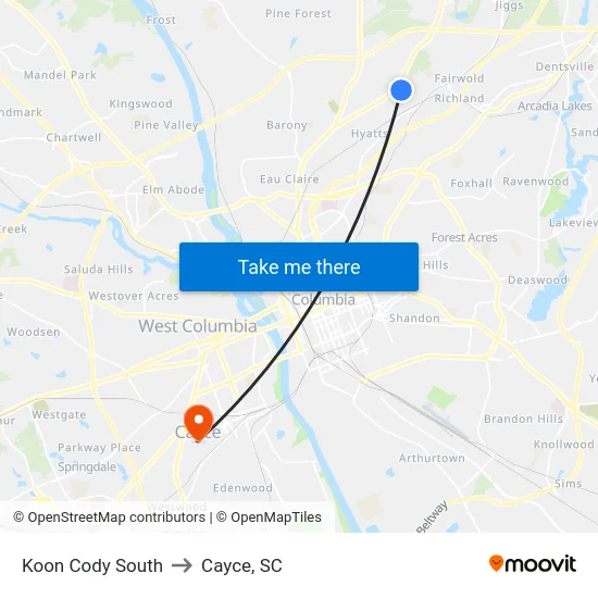 Koon Cody South to Cayce, SC map
