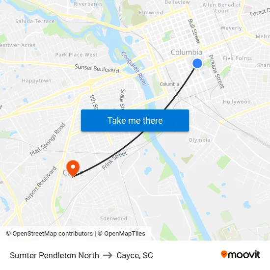 Sumter Pendleton North to Cayce, SC map
