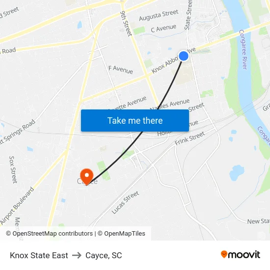 Knox State East to Cayce, SC map