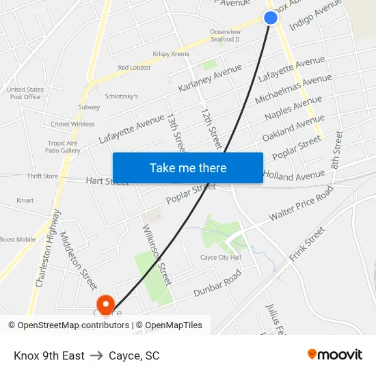 Knox 9th East to Cayce, SC map