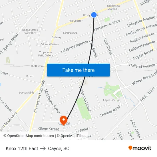Knox 12th East to Cayce, SC map