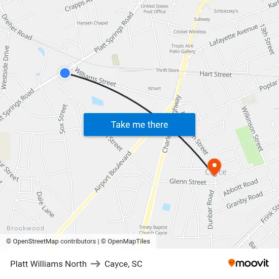 Platt Williams North to Cayce, SC map