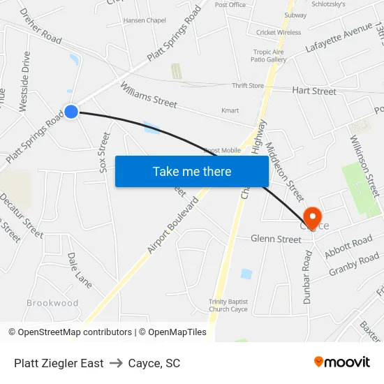 Platt Ziegler East to Cayce, SC map