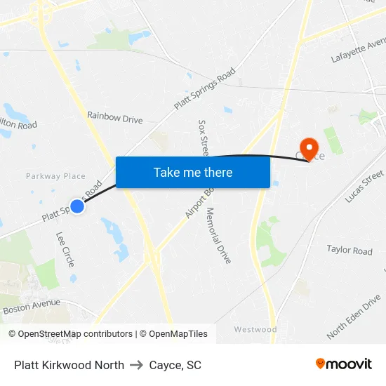 Platt Kirkwood North to Cayce, SC map