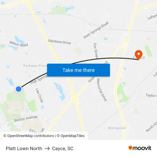 Platt Lown North to Cayce, SC map