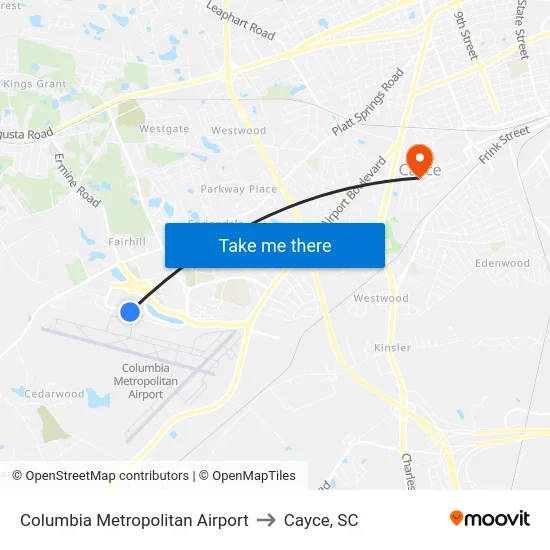 Columbia Metropolitan Airport to Cayce, SC map