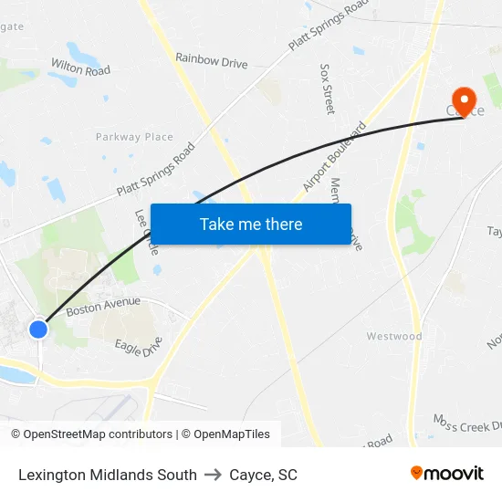 Lexington Midlands South to Cayce, SC map