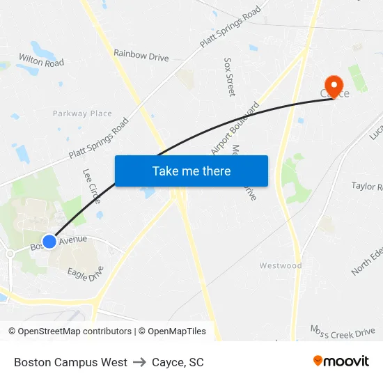 Boston Campus West to Cayce, SC map