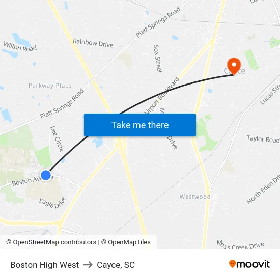 Boston High West to Cayce, SC map