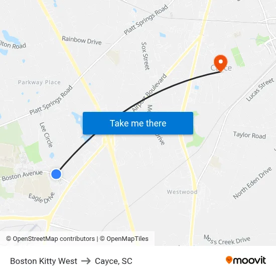 Boston Kitty West to Cayce, SC map
