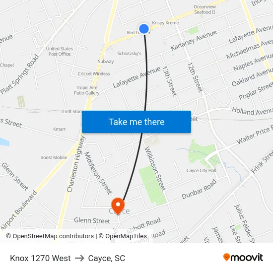 Knox 1270 West to Cayce, SC map