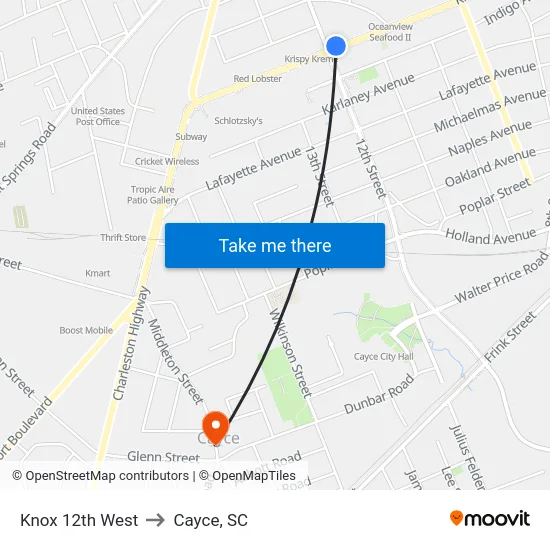 Knox 12th West to Cayce, SC map