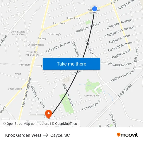 Knox Garden West to Cayce, SC map