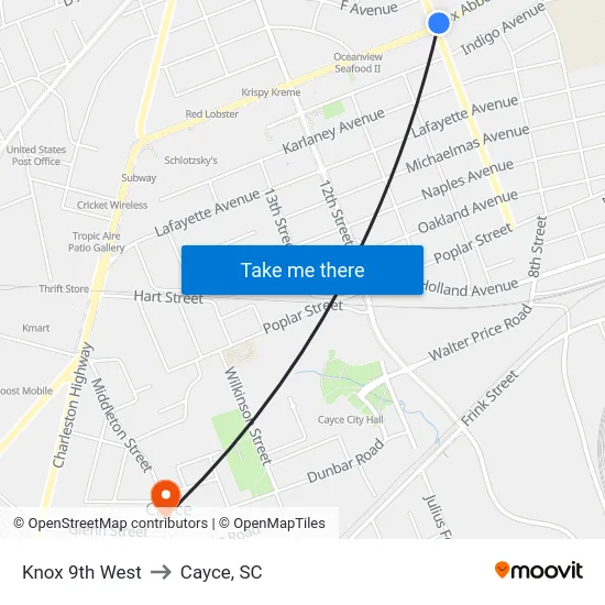 Knox 9th West to Cayce, SC map