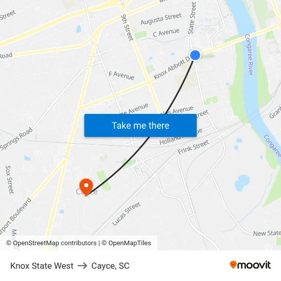 Knox State West to Cayce, SC map