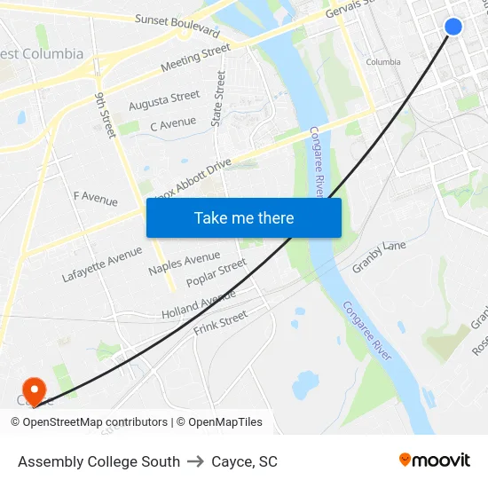 Assembly College South to Cayce, SC map