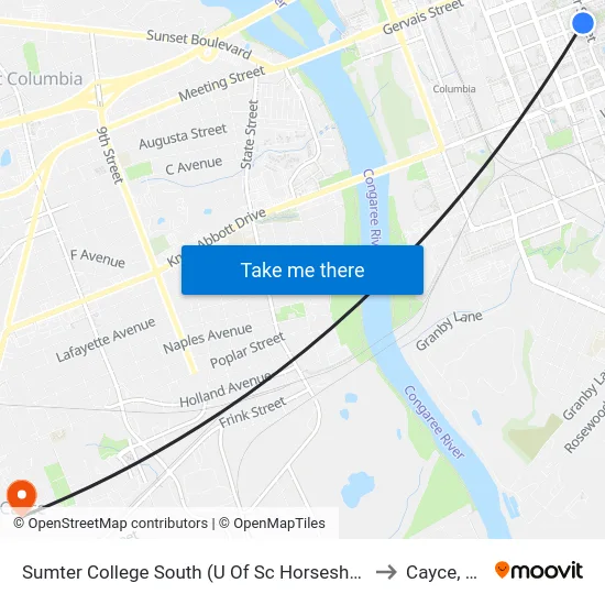 Sumter College South (U Of Sc Horseshoe) to Cayce, SC map