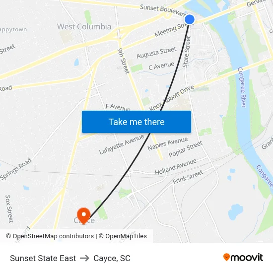 Sunset State East to Cayce, SC map