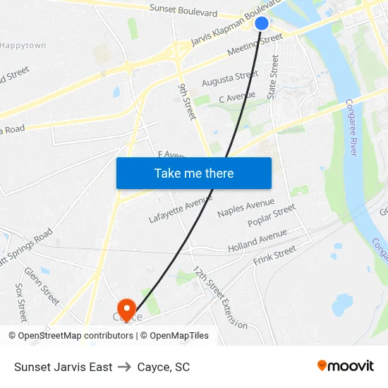 Sunset Jarvis East to Cayce, SC map