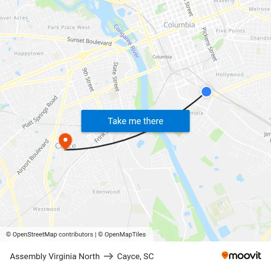 Assembly Virginia North to Cayce, SC map