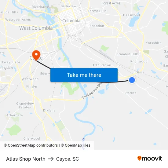 Atlas Shop North to Cayce, SC map