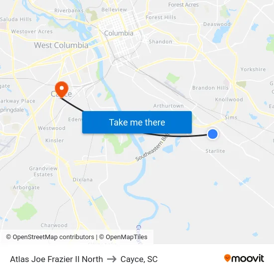 Atlas Joe Frazier II North to Cayce, SC map