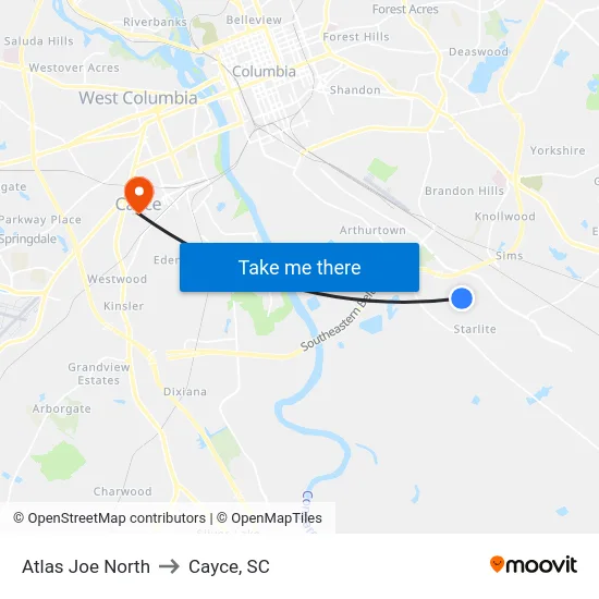 Atlas Joe North to Cayce, SC map