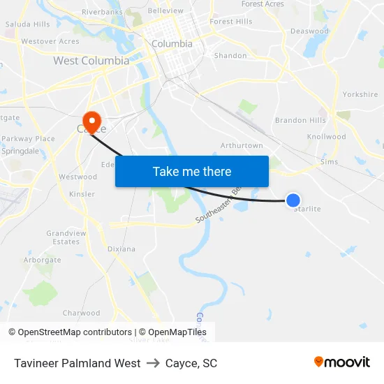 Tavineer Palmland West to Cayce, SC map