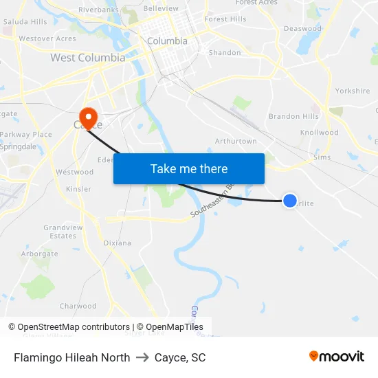 Flamingo Hileah North to Cayce, SC map