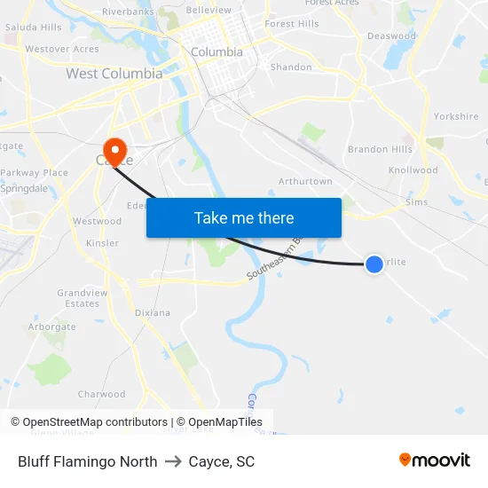 Bluff Flamingo North to Cayce, SC map