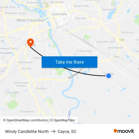 Windy Candlelite North to Cayce, SC map