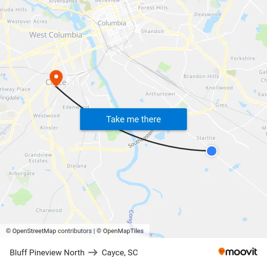 Bluff Pineview North to Cayce, SC map