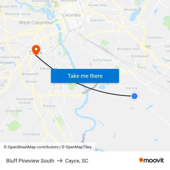 Bluff Pineview South to Cayce, SC map
