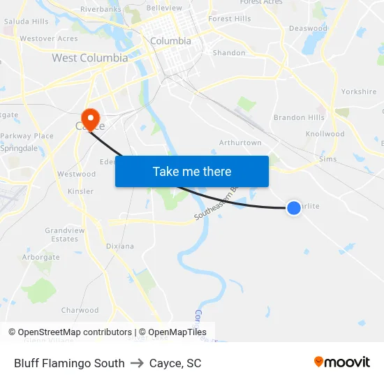Bluff Flamingo South to Cayce, SC map