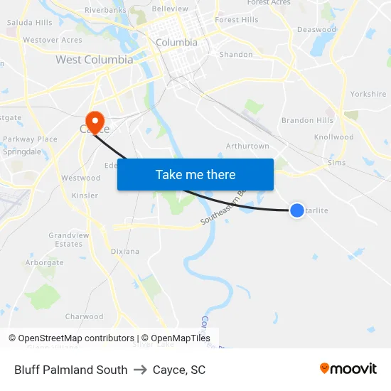 Bluff Palmland South to Cayce, SC map