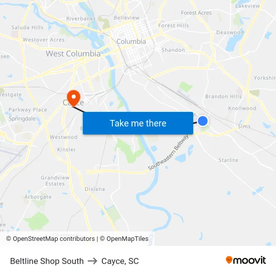 Beltline Shop South to Cayce, SC map