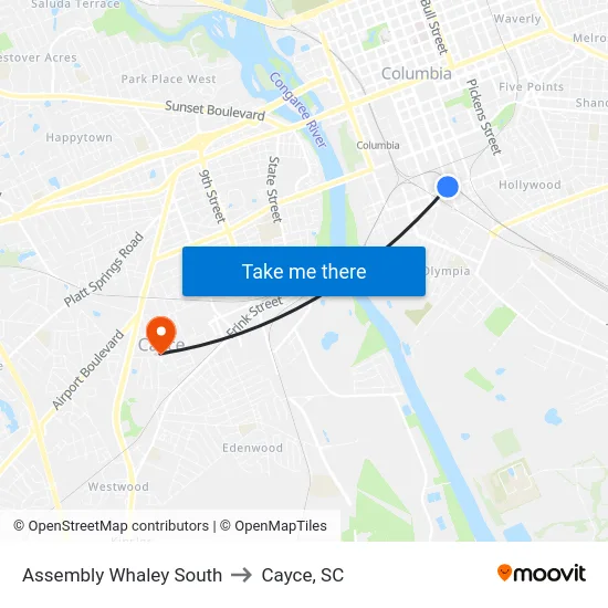 Assembly Whaley South to Cayce, SC map
