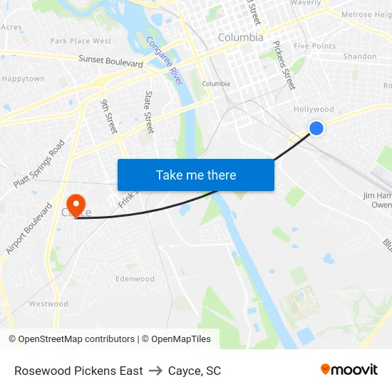 Rosewood Pickens East to Cayce, SC map