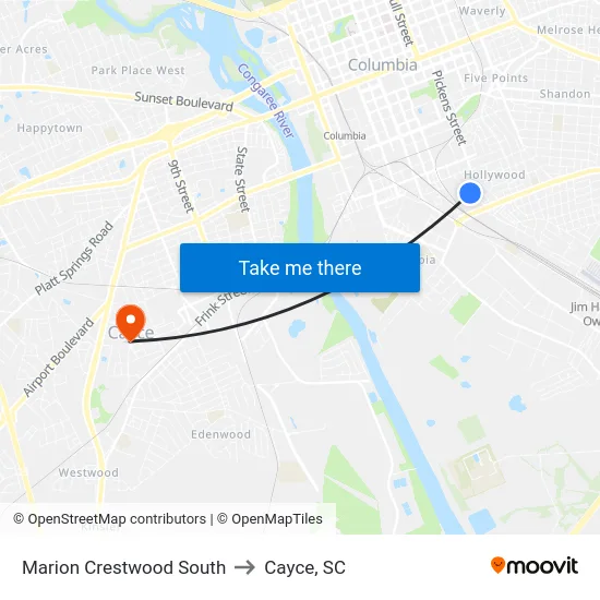 Marion Crestwood South to Cayce, SC map