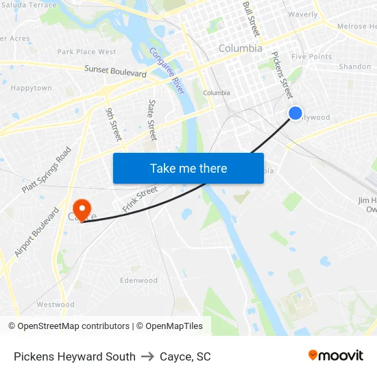 Pickens Heyward South to Cayce, SC map