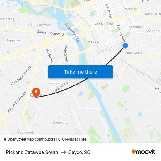 Pickens Catawba South to Cayce, SC map