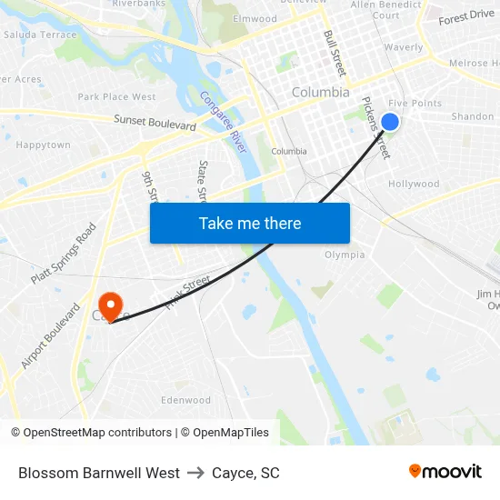Blossom Barnwell West to Cayce, SC map