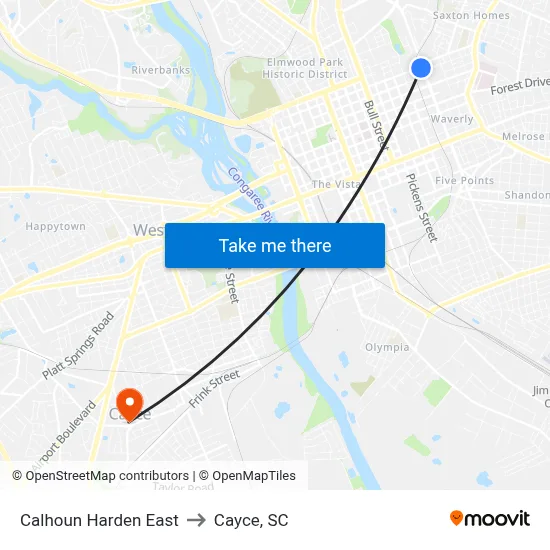 Calhoun Harden East to Cayce, SC map