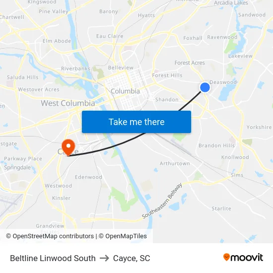 Beltline Linwood South to Cayce, SC map