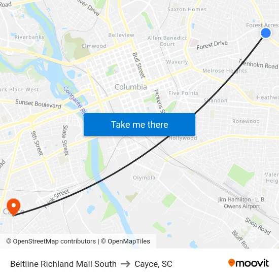 Beltline Richland Mall South to Cayce, SC map
