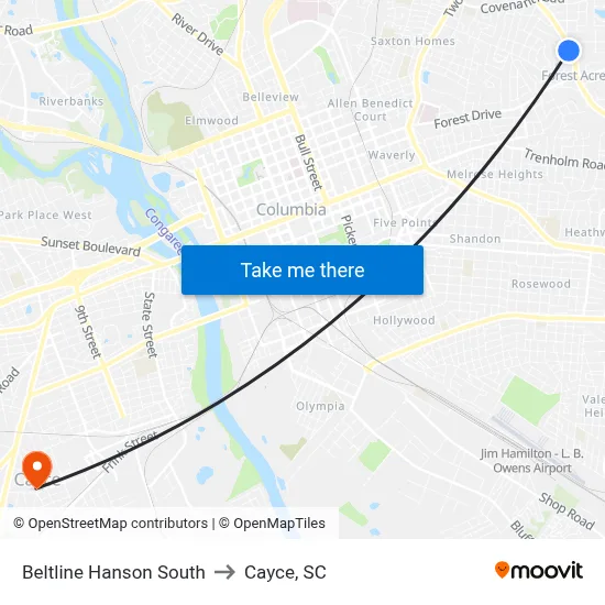 Beltline Hanson South to Cayce, SC map
