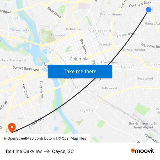 Beltline Oakview to Cayce, SC map
