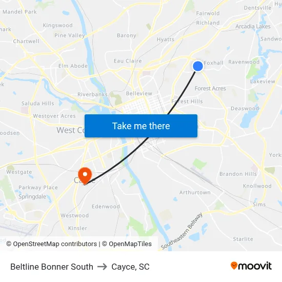 Beltline Bonner South to Cayce, SC map