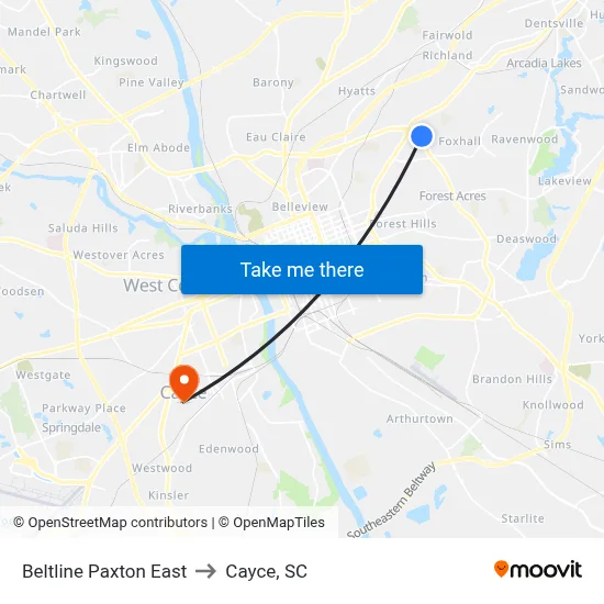 Beltline Paxton East to Cayce, SC map