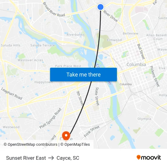 Sunset River East to Cayce, SC map